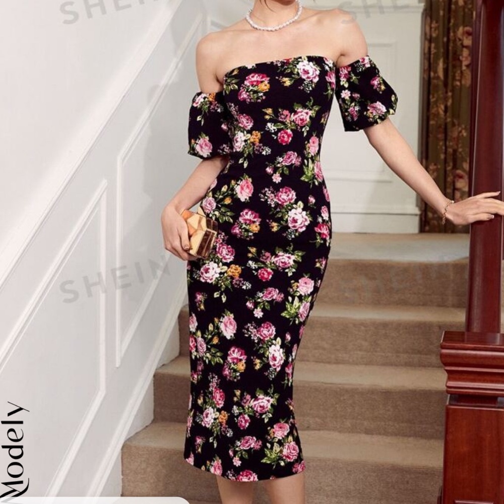 NWT SHEIN Modely Floral Off Shoulder Wiggle Dress M